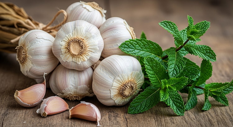Garlic and Peppermint on a wooden surface as options to reduce toothache with home remedies.