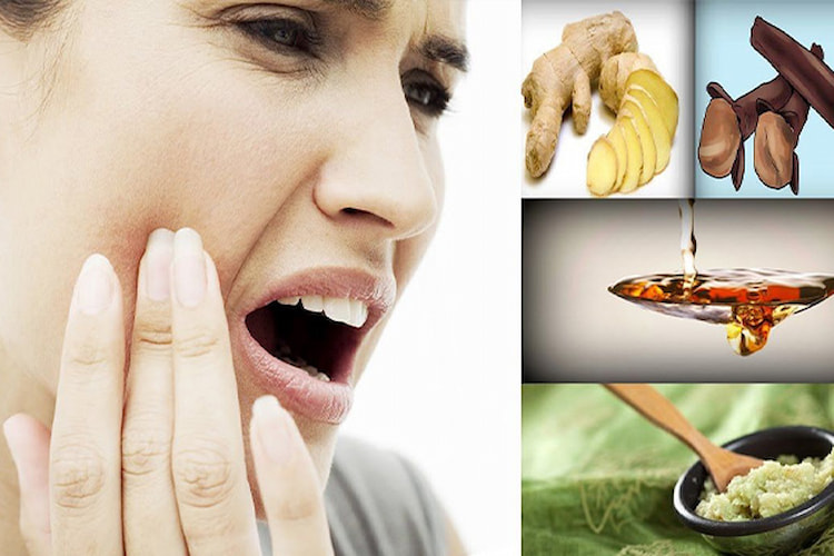 A person holding their cheek in pain, with images of ginger slices, cinnamon sticks, honey, and a green paste.