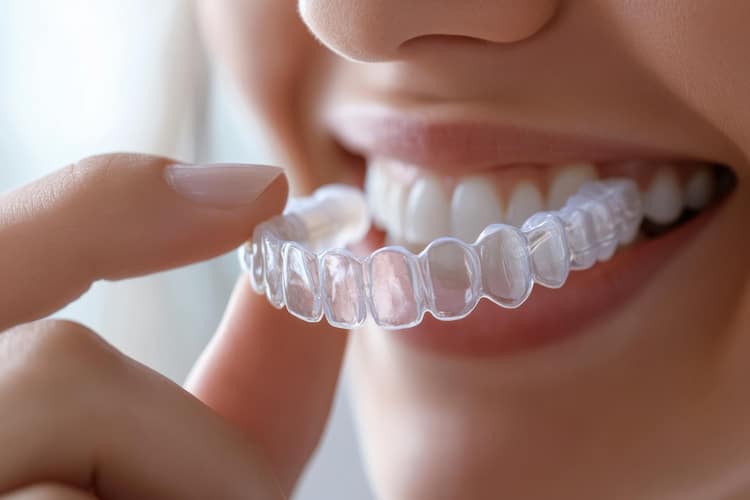 a person is taking off her clear aligner from her mouth.
