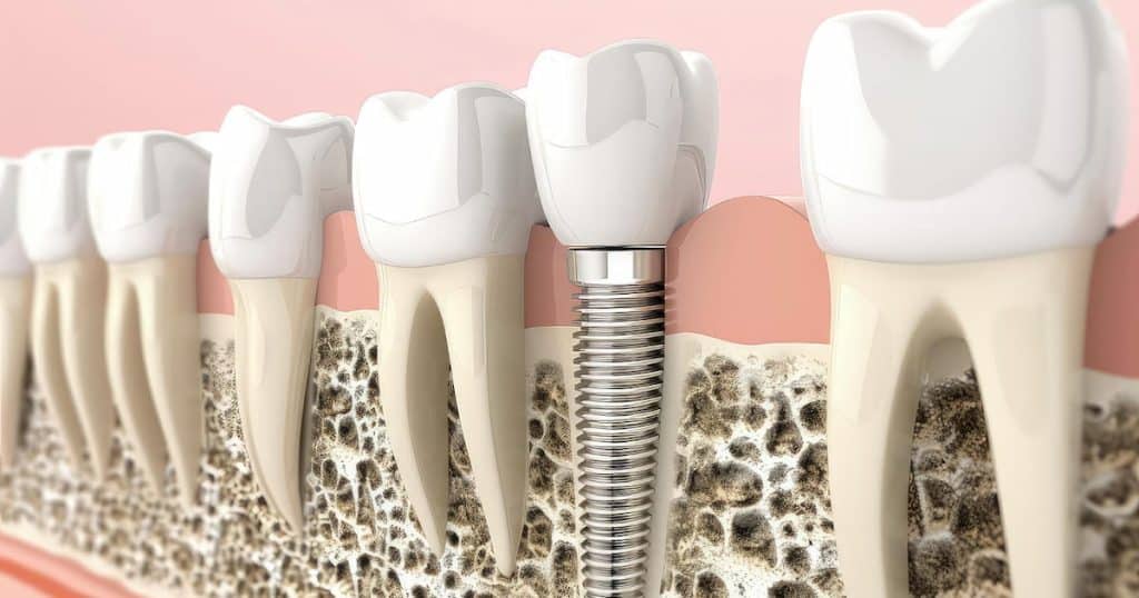 a titanium dental implant placed in he jaw bone.