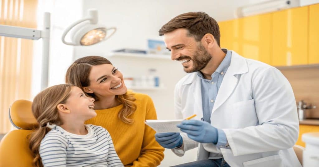 A friendly dentist explaining crossbite treatment to a smiling child and parent in a bright dental clinic