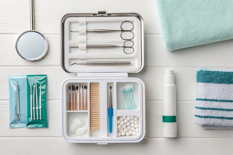 Overhead shot of a temporary filling kit on a clean counter
