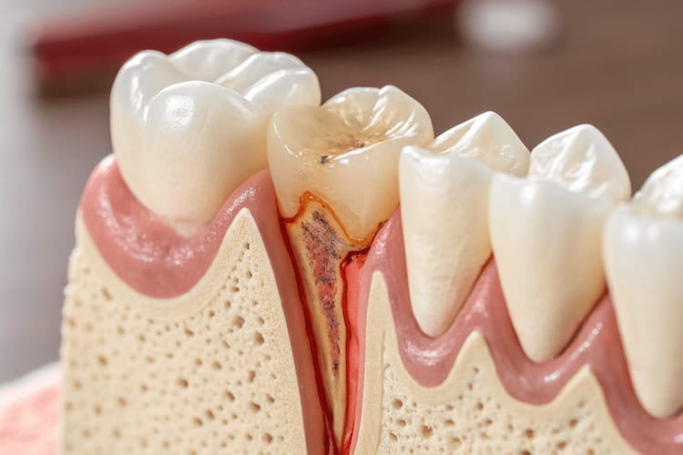 Dental model cross-section showing decayed tooth with dark cavity in dentin and exposed root canal.