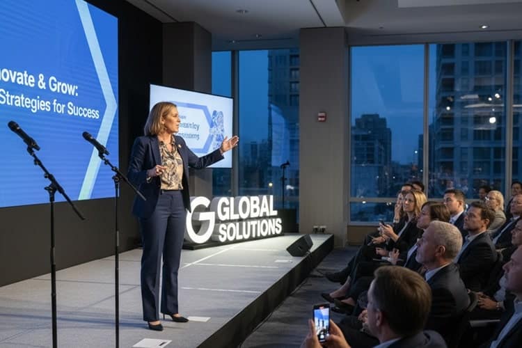 a confident woman giving speech with clear aligners