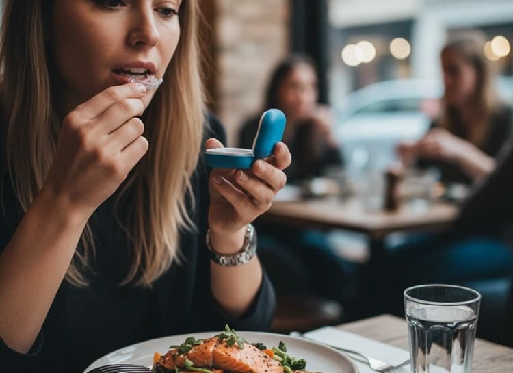 a woman removing clear aligners