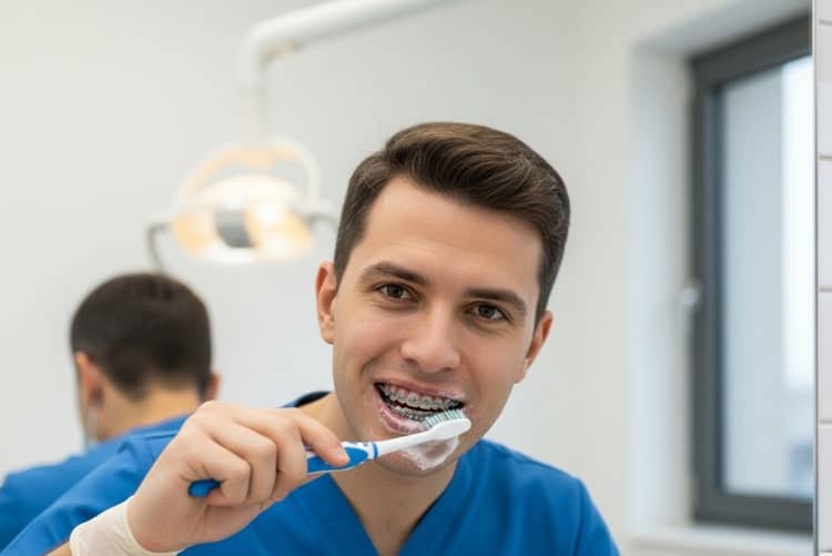 a man who is brushing his teeth after getting braces