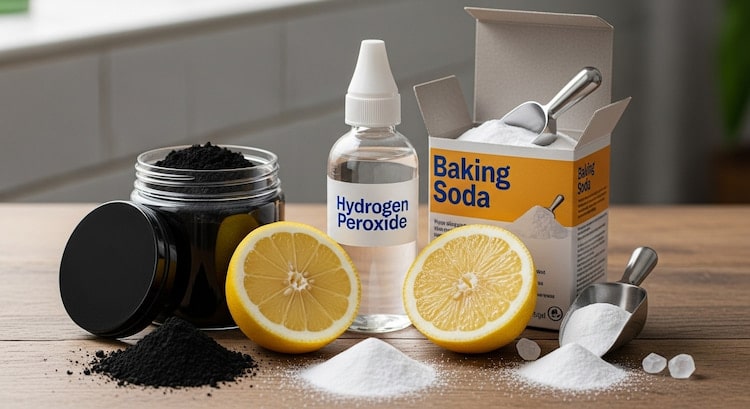 Hydrogen Peroxide, Baking Soda, Activated Charcoal, and Lemon all together, as home remedies for teeth whitening.