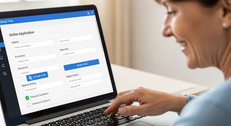 A close-up of a laptop screen showing an online dental care application form, with a parent smiling while completing it.