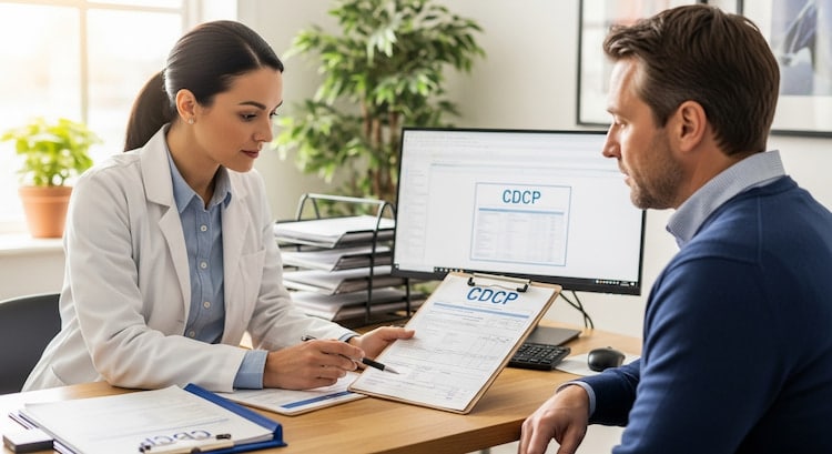 A dentist explaining dental insurance documents to a patient at the desk, with charts or dental forms  on a screen.