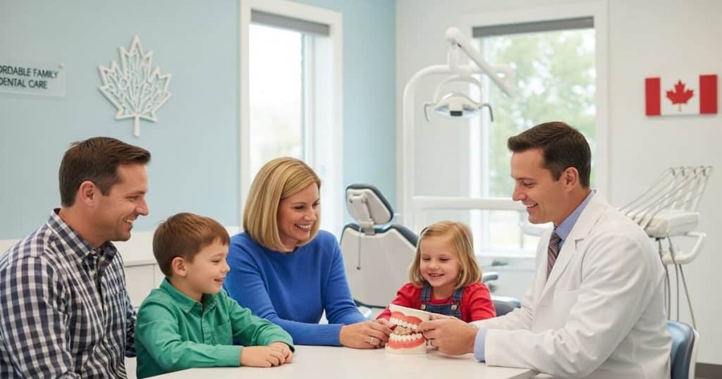 A Canadian family sitting in a bright dental clinic, with a friendly dentist showing them a dental model.