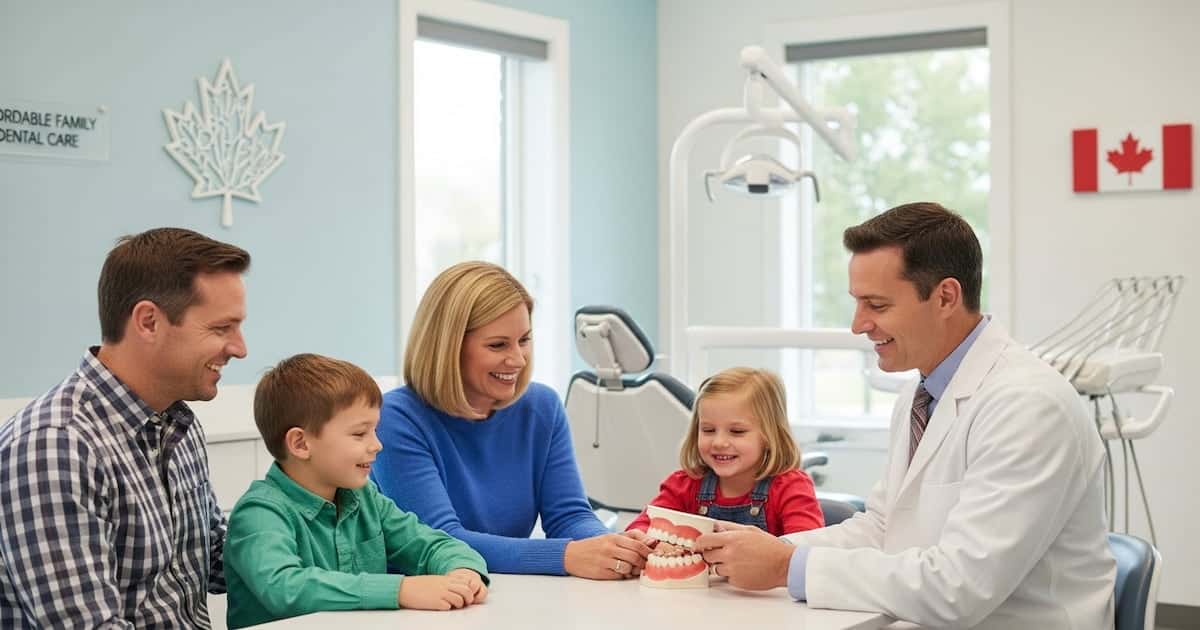 A Canadian family sitting in a bright dental clinic, with a friendly dentist showing them a dental model.